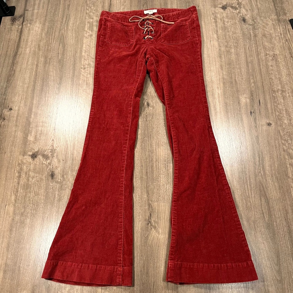 I Love H81 Corduroy Pants Red Low Rise Lace Up Flare Bell Bottom Womens 27